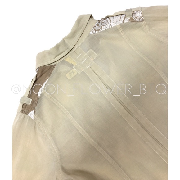 Da-Nang Woven Mastic Button Up Blouse • Tan Floral Trim • Roll Tab Sleeves - Picture 11 of 13